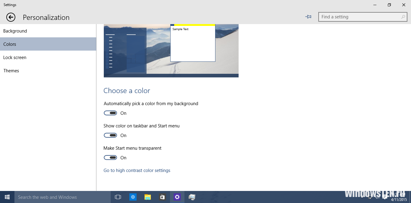 Настройки персонализации в Windows 10