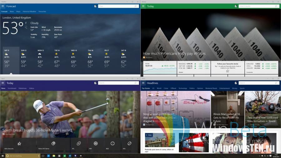 единый дизайн приложений погода, спорт, новости и финансы в windows 10