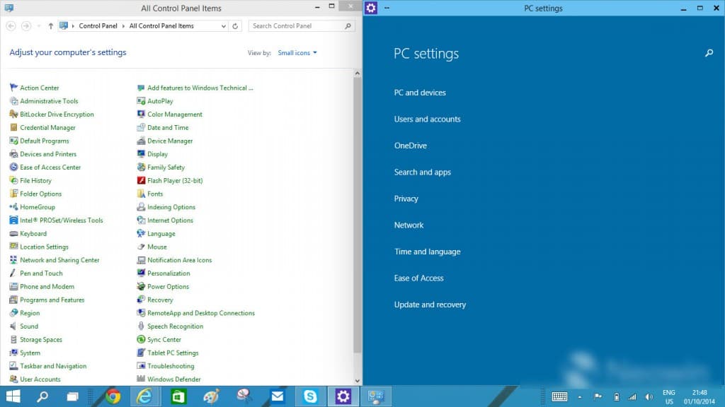 Панель управления и Параметры в Windows 10