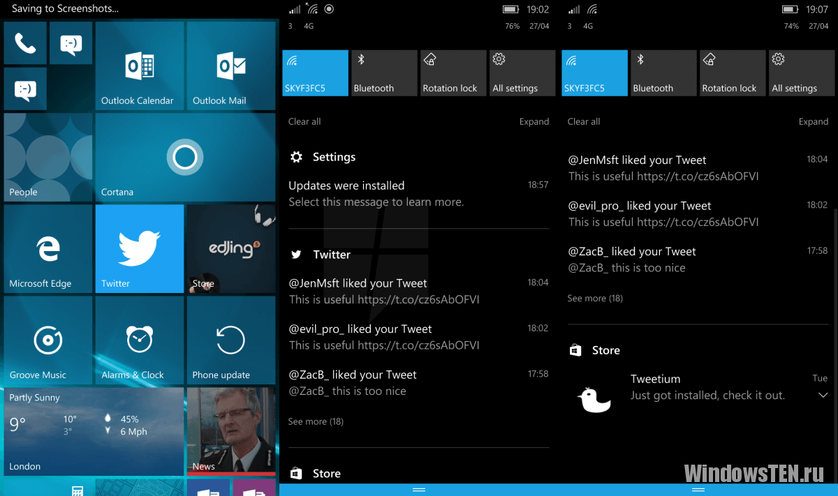 Новый центр уведомлений Windows 10 Mobile