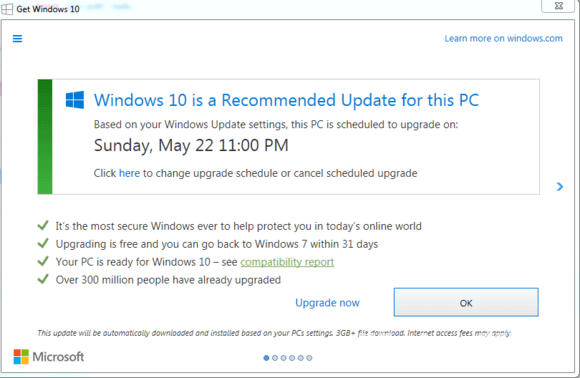 Обновление окна Get Windows 10