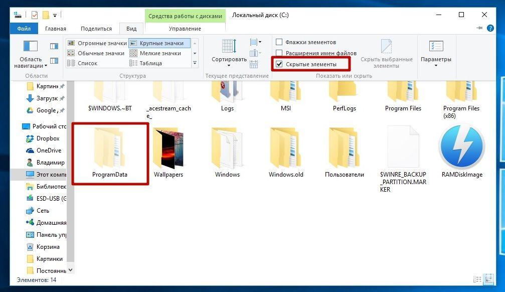 Отображение ProgramData в Windows 10