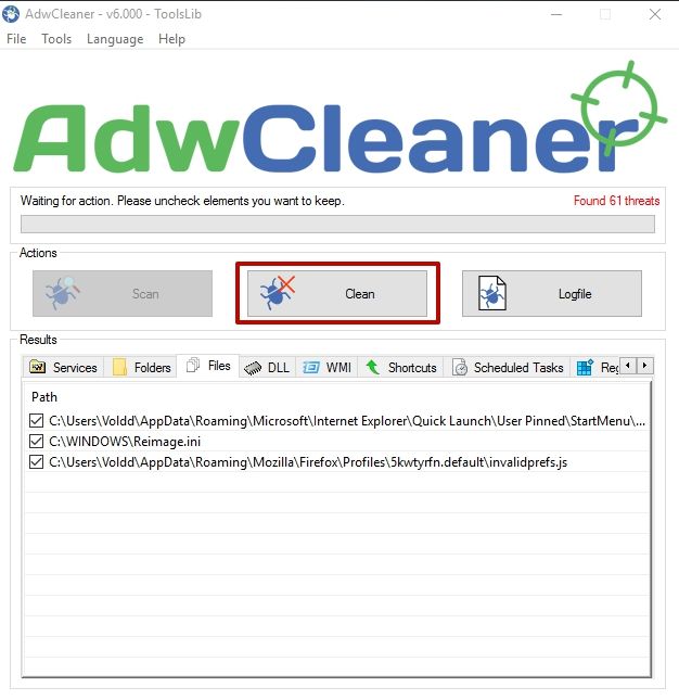 Очистка с помощью AdwCleaner